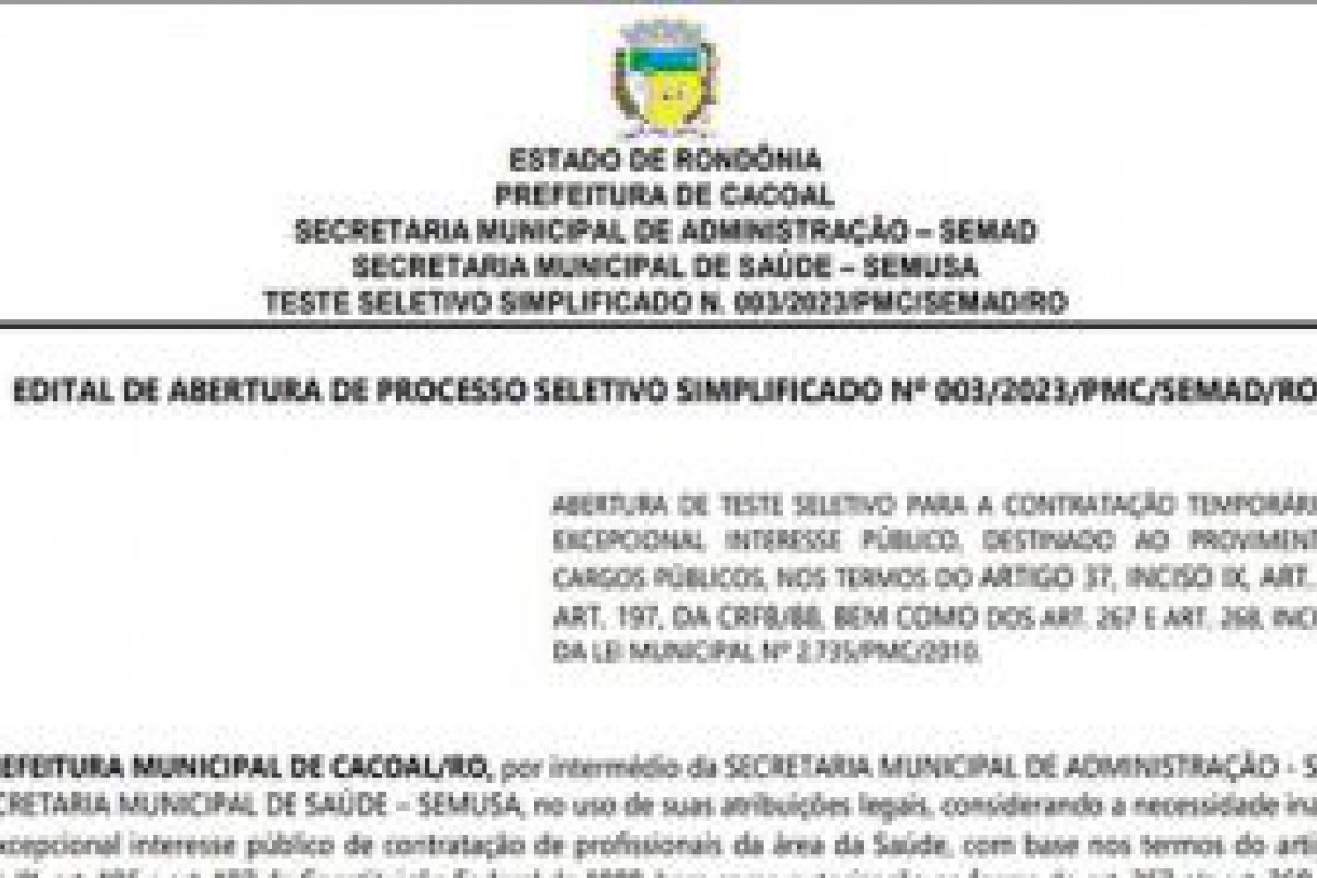 Processo seletivo na Prefeitura de Cacoal tem salrios de at quase R$ 12 mil
